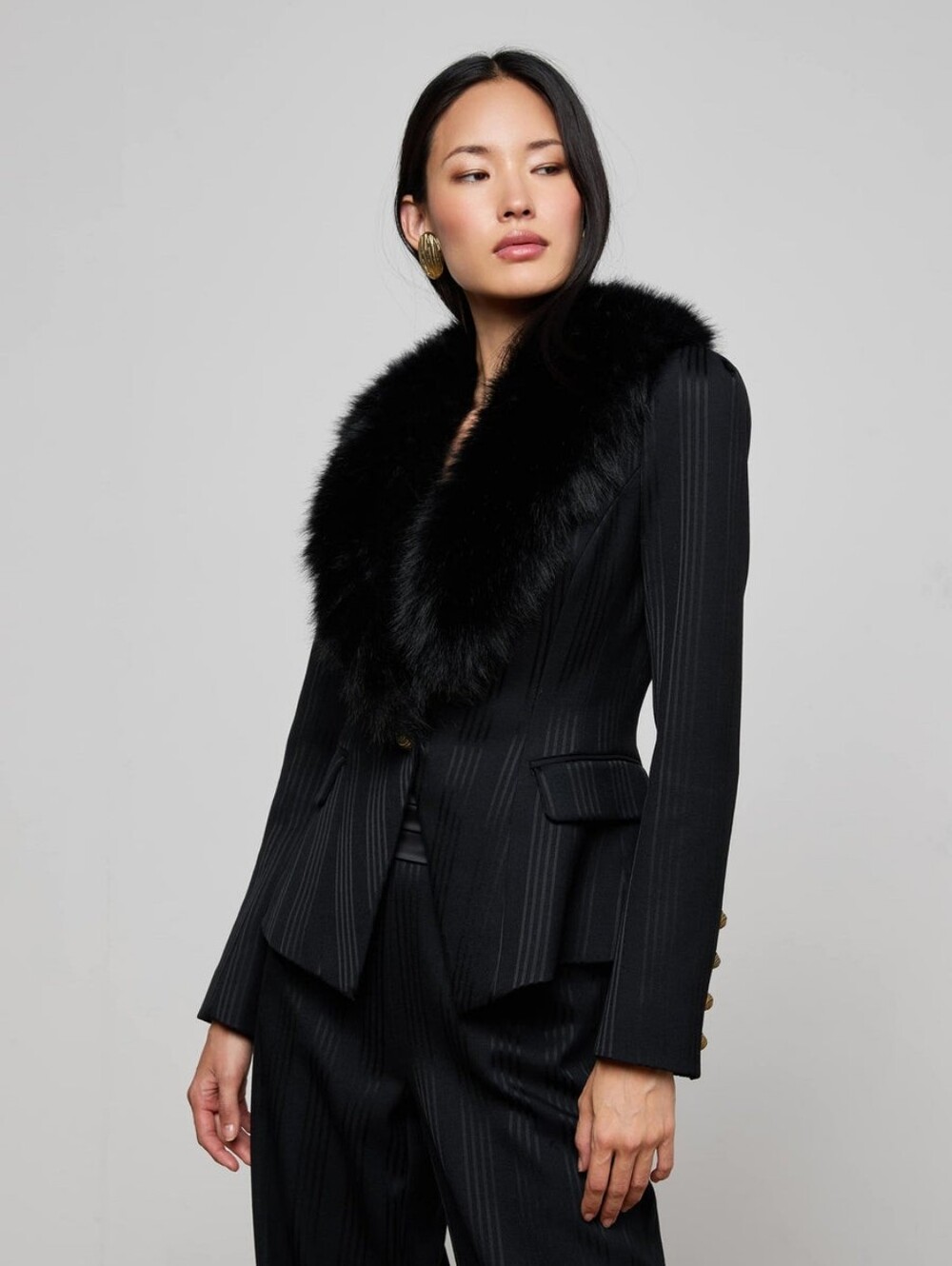 L'Agence Kaisley Faux Fur Collar Blazer Black Shadow Stripe - Picture 2 of 9